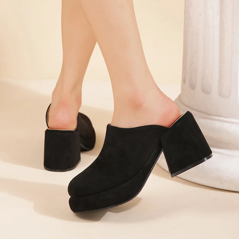 Shoes For Girls Ladies\' Slippers Low Big Size Square heel Slipers Women Flock Heeled Mules Cute Block 2023 High Slides Rome Rubb