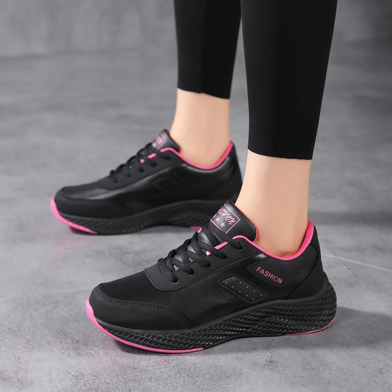 Frühlings- und Herbst-Damenschuhe, Luftpolster, Lederoberfläche, wasserdicht, leicht, rutschfeste Sportschuhe, dickbesohlte Schnürschuhe – Detail 3