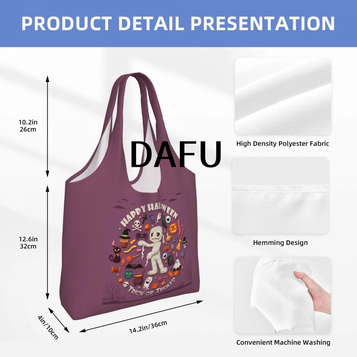 Happy Halloween Funny Halloween Print Cotton Tote Bag - Casual Commuter Shoulder Bag for Work Grocery Shopping Trick or Treat