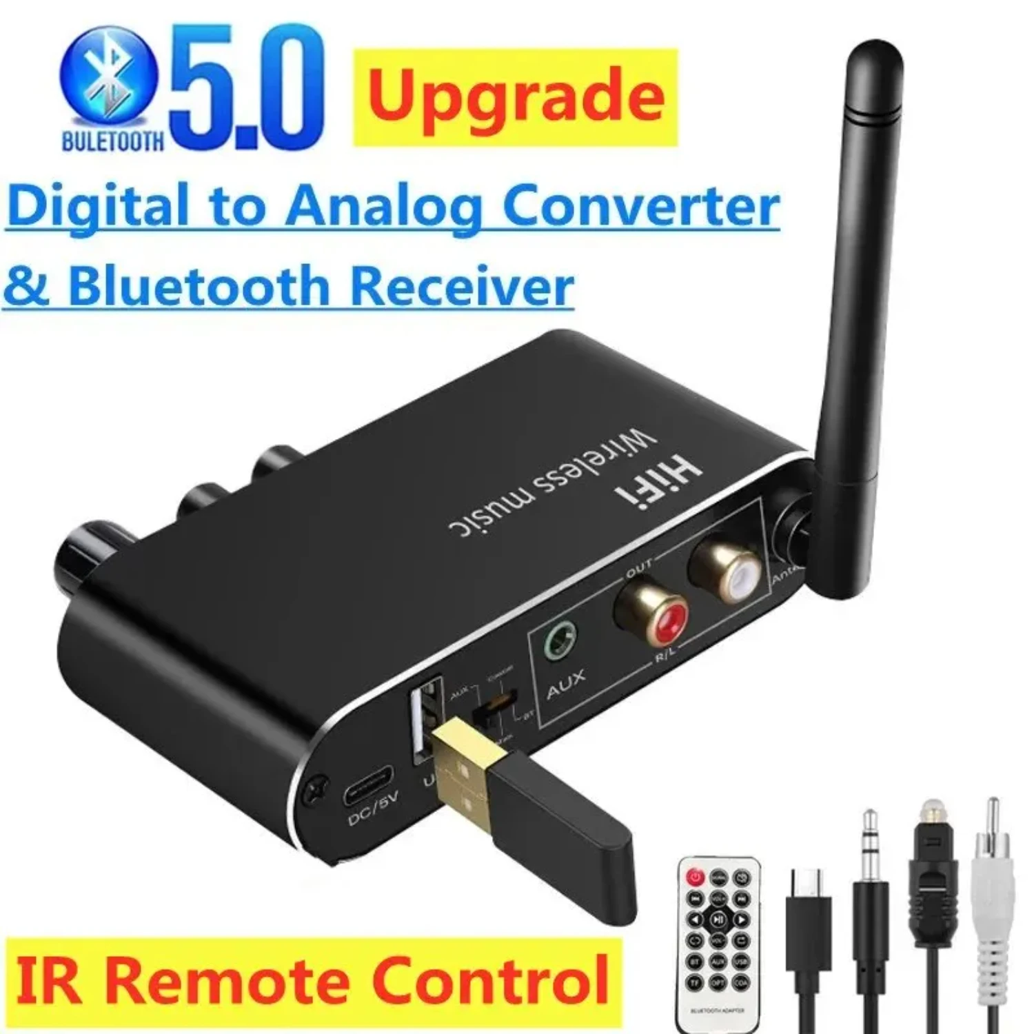 Adaptador convertidor DAC de Audio Digital a analógico Digital SPDIF óptico Toslink a 3,5mm 3,5 AUX Jack RCA L/R Bluetooth 5,0 receptor