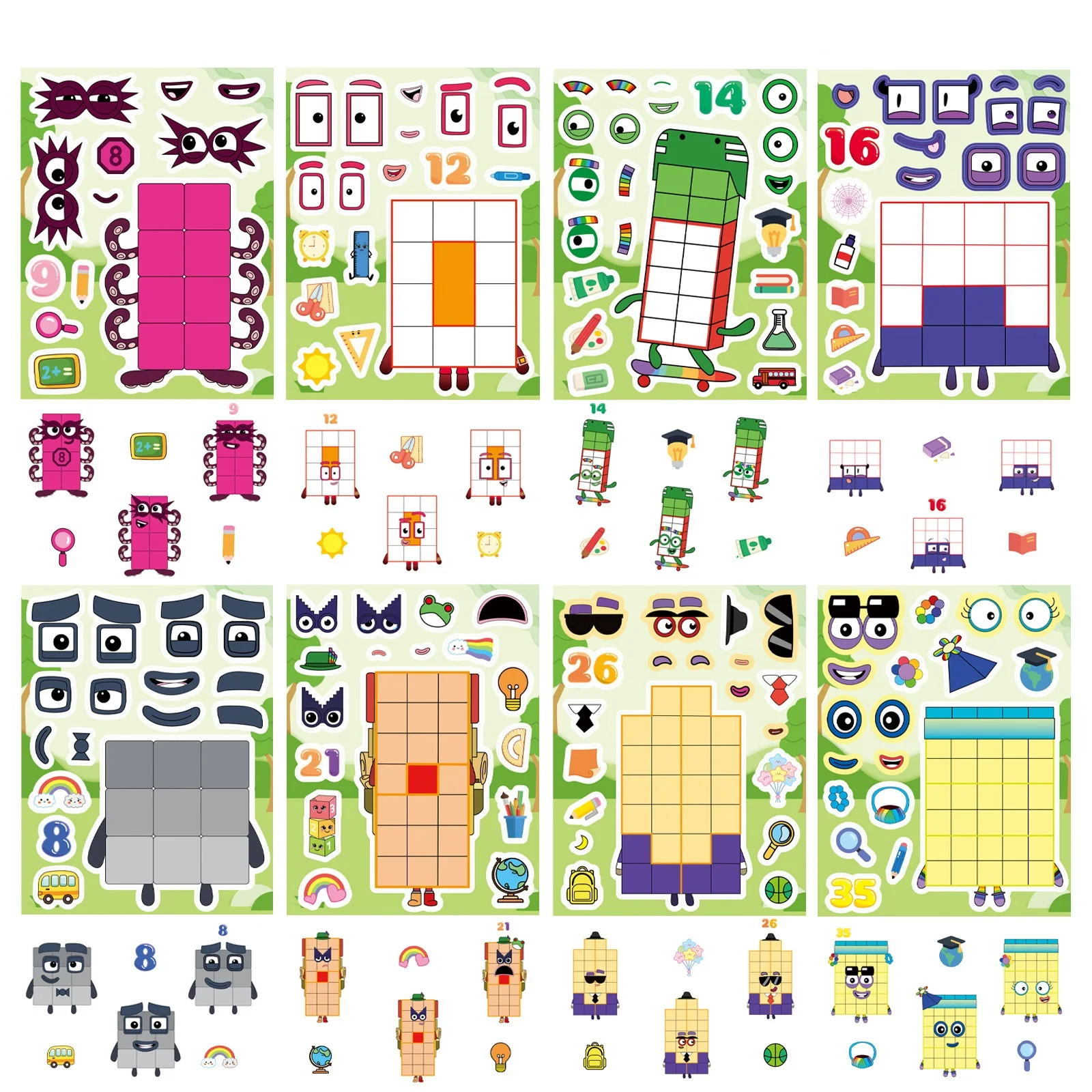 8/16/24PCS Cartoon Digital Building Puzzle Face Changing Puzzle DIY Waterproof Stationery Notes Bar Stickers