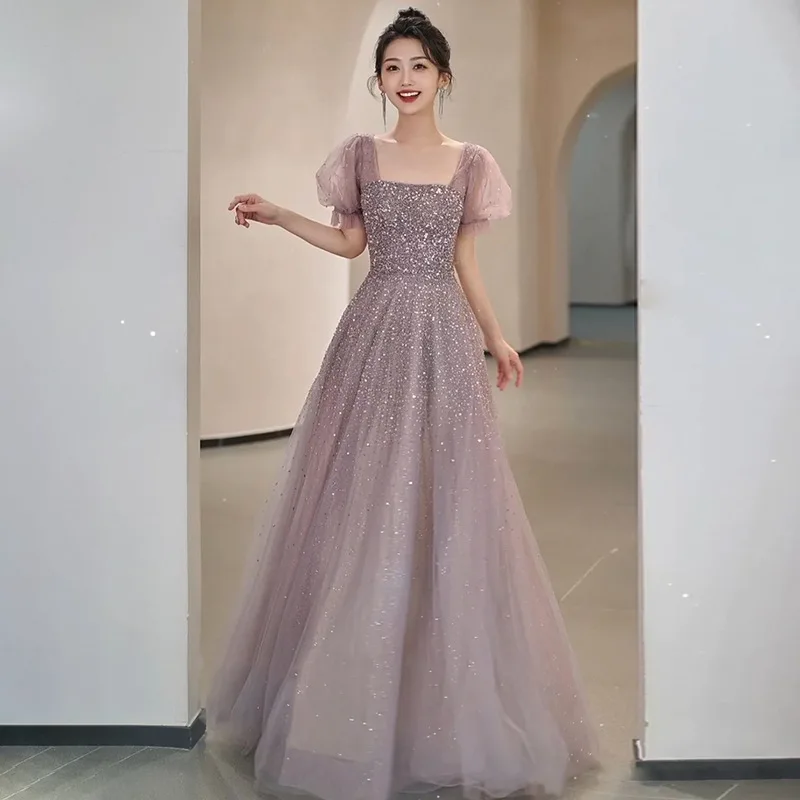 Vestido de quinceañera de lentejuelas púrpura claro para mujer, Vestido de lujo ligero con cuello cuadrado, mangas cortas abullonadas, sin espalda, largo hasta el suelo