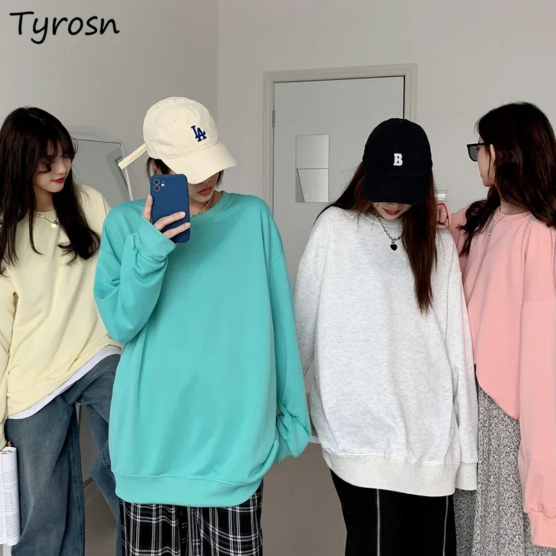 

No Hat Hoodies Women Long Sweatshirts Various Colors Teenager Cozy Streetwear Preppy Style All-match Loose Solid Simple Ulzzang