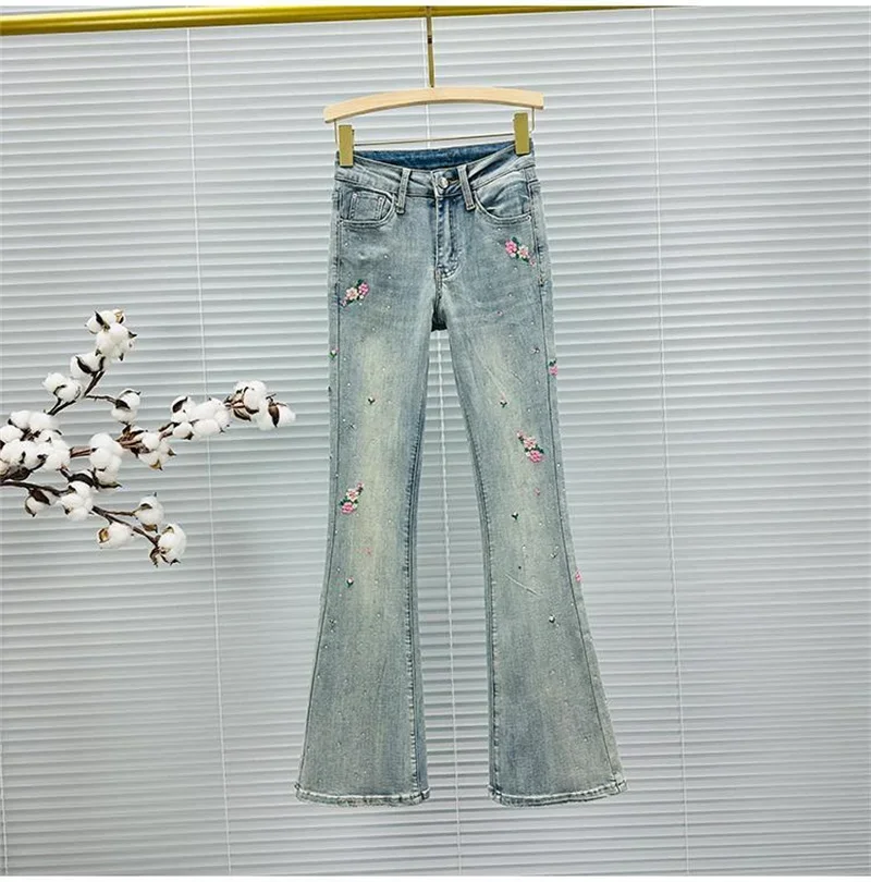 ﻿ Embroidered Jeans Women's Micro Flared Long Pants 2024 Spring Autumn High Waist Slim Fit Elastic Diamond Flared Pants  Elastic