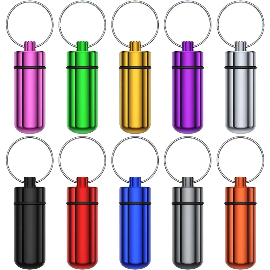 

Small Portable Pill Case with Keychain 10 Pack Urekt Waterproof Aluminum Pill Organizer Metal Mini Box Pocket Drug Storage Cont