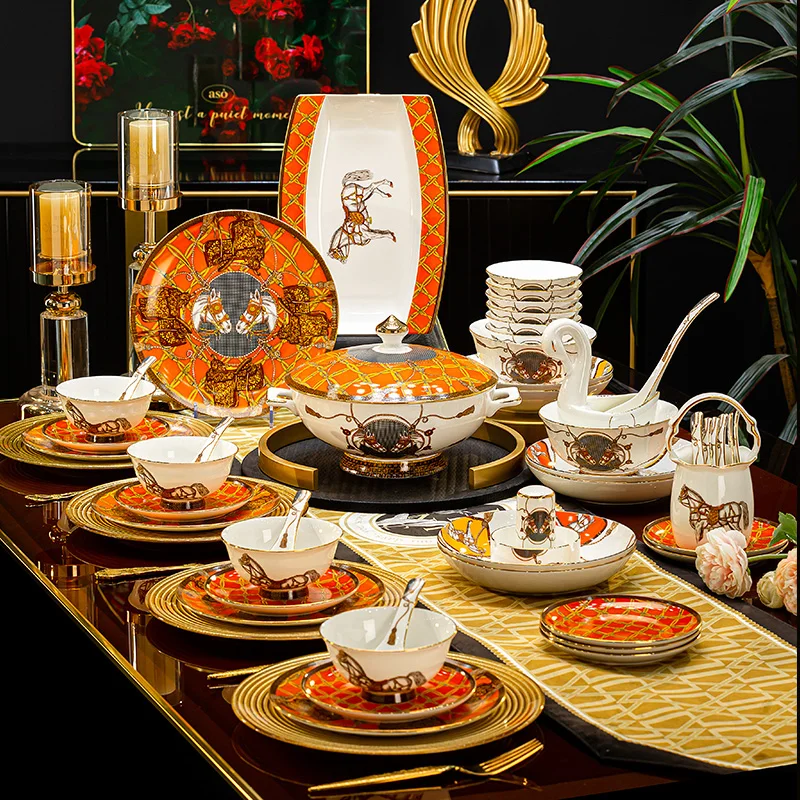 Luxury European Dinnerware Set Hand-Painted Gold Trim Bowls and Plates Premium Restaurant Dinner Plates Elegant Tableware