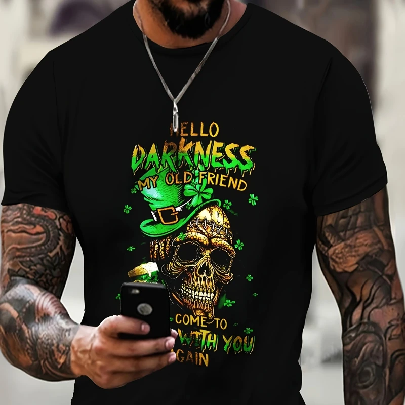 St. Patrick's Day Themed Printing Clothing Skull Head and Letter Pattern Men's O-neck Short Sleeve T-shirt Summer Casual Tees image 2