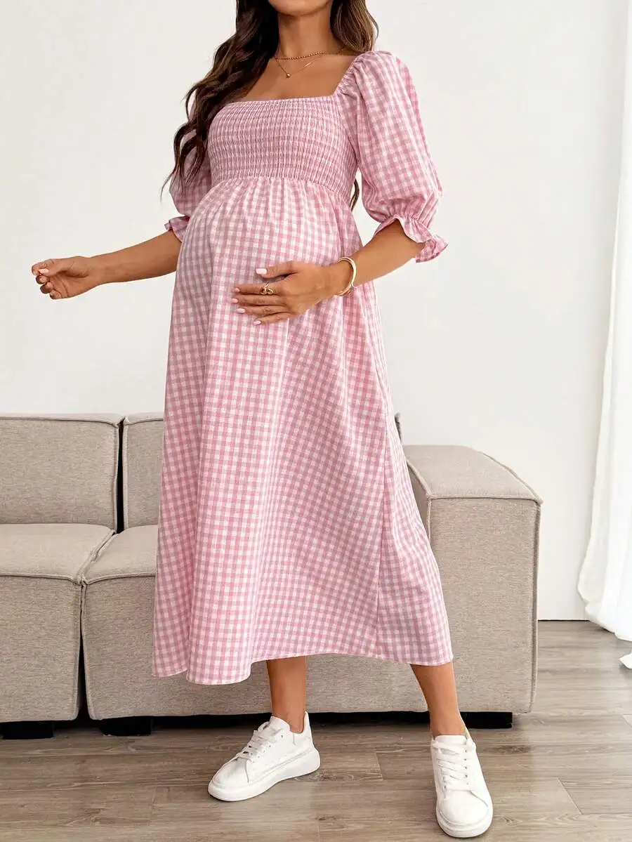 Maternity Plaid Square Neck Casual Midi Dress Summer Outfit