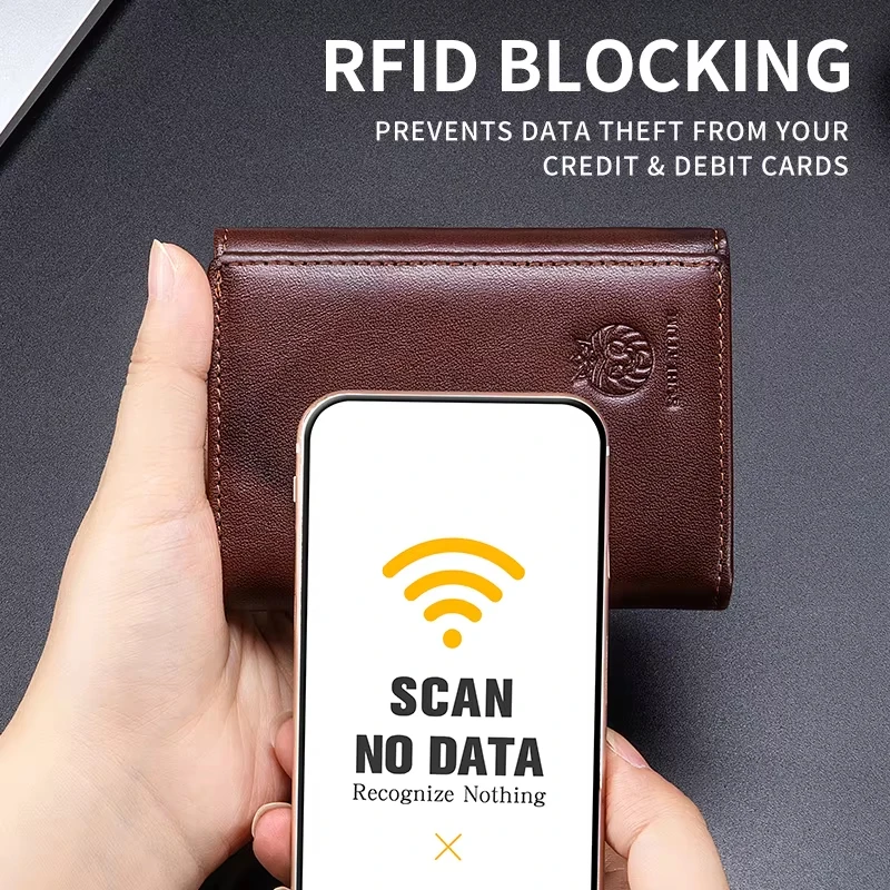RFID-blockierende Geldbörse aus echtem Leder mit mehreren Kartenfächern für Herren, Vintage-Stil, dünn, dreifach faltbar, Kreditkartenetui mit Ausweisfenster