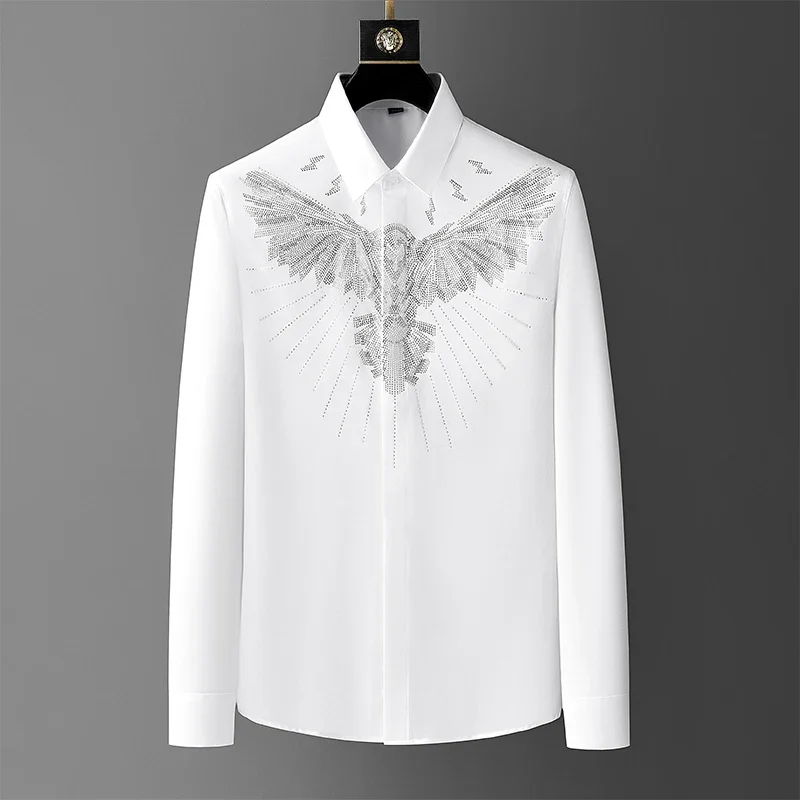 High end Eagle Head Hot Diamond Long sleeved Shirt for Men's 2024 New Spring Fashion Luxury Elastic Large Size Casual Shirt