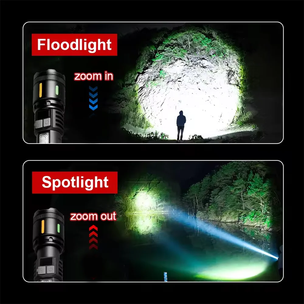 High Power Flashlight 18650 Battery Rechargeable LED Flashlight Waterproof White Laser Side Lamp Digital Display Outdoor Camping