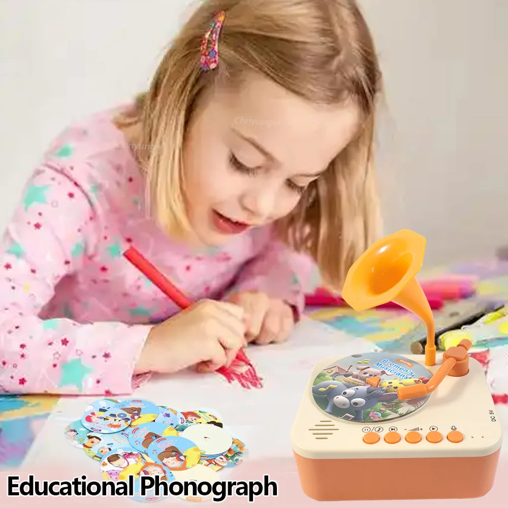 مشغل موسيقى قصة جراموفون للأطفال من Chriyungel مع 93 بطاقة لعبة تعلم تعليمية للأطفال الصغار هدية للأولاد والبنات