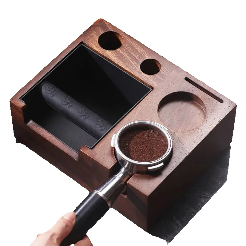 6-in-1 Multi-functional Espresso Coffee Tamper Station Walnut Wooden Base Holder with Tamp Mat Stand Fits 51/54/58mm Mats