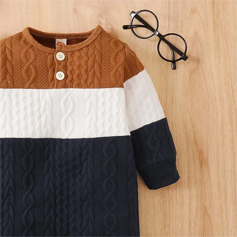 Spring And Autumn Boys Romper Round Neck Long Sleeve Button Striped Fashion Warm Leisure Home Baby Clothing