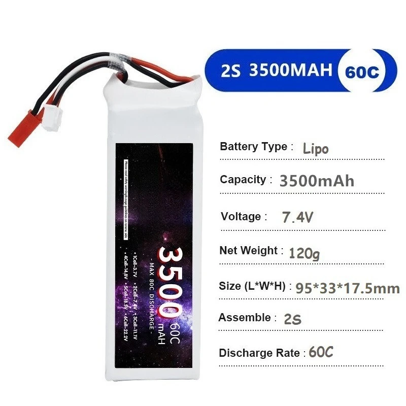 7.4V 3500mAh 2S 60C Rechargeable Lithium Polymer Battery for Aeromodelling Drone Car Models Ship Models Model Toys
