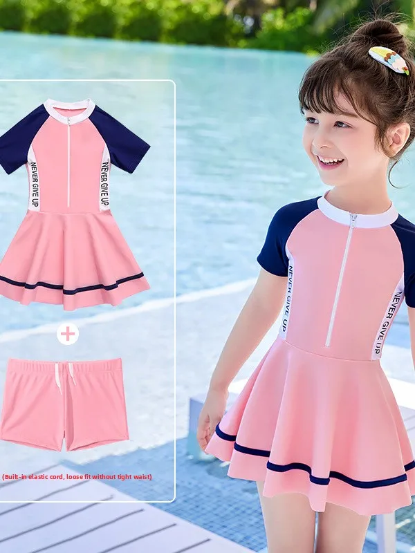 Girls Swimwear Two-Piece Swimming Equipment Fashionable Cute Student Fast-Drying Polyester Fabric Letter Pattern Swimwear for...