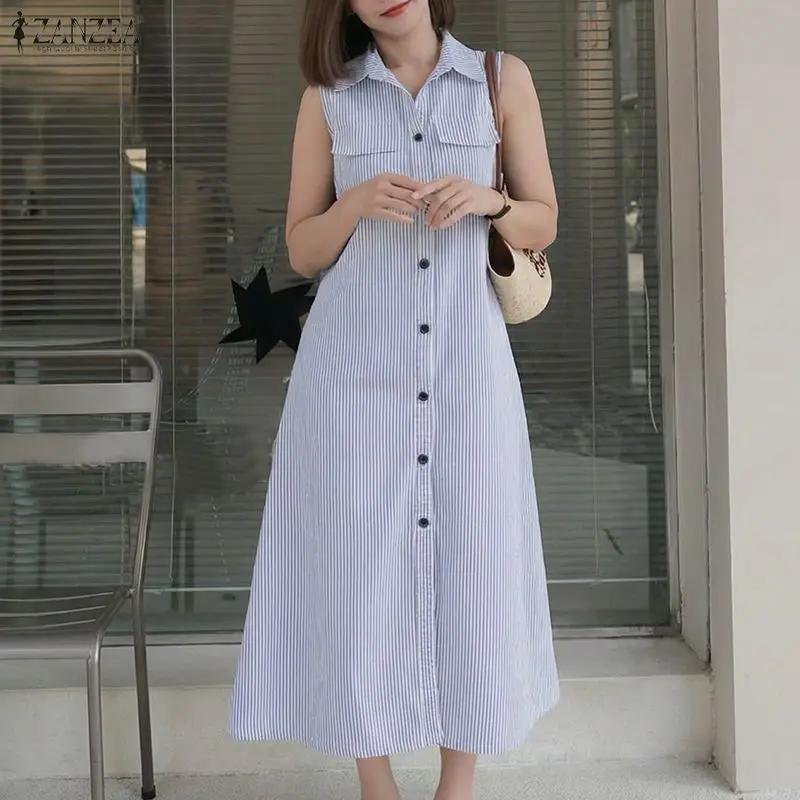 

ZANZEA Fashion Sleeveless Summer Women Dress Striped Long Dresses Turn-down Collar Casual OL Work Party Vestidos Streetwear