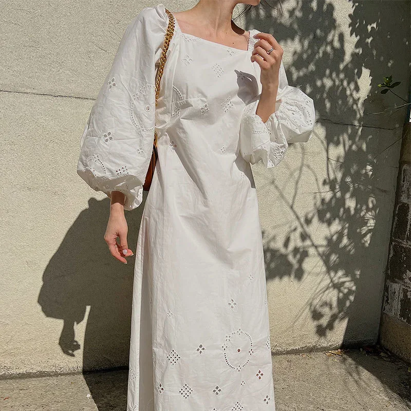 WAKUTA Vintage Fashion Hook Hollow Out Long Sleeve Maxi Dress Autumn Korean Simple Solid Square Neck High Waist Ladies Dresses