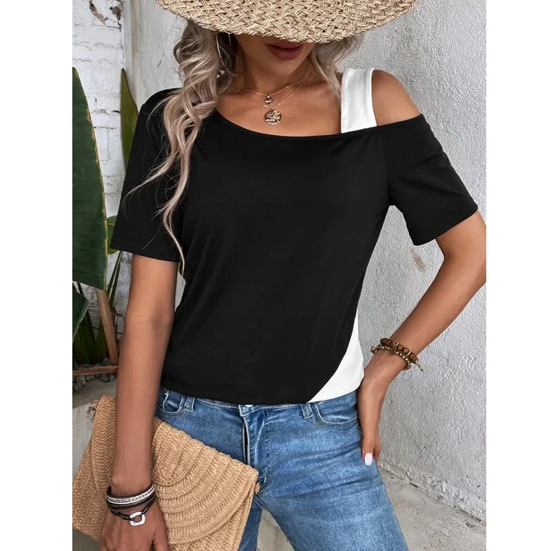 Chic Farbe Blockieren Kurzarm Frauen Einfarbig Off Schulter Asymmetrische T-Shirt Weibliche Sommer Casual Tops – Detail 10