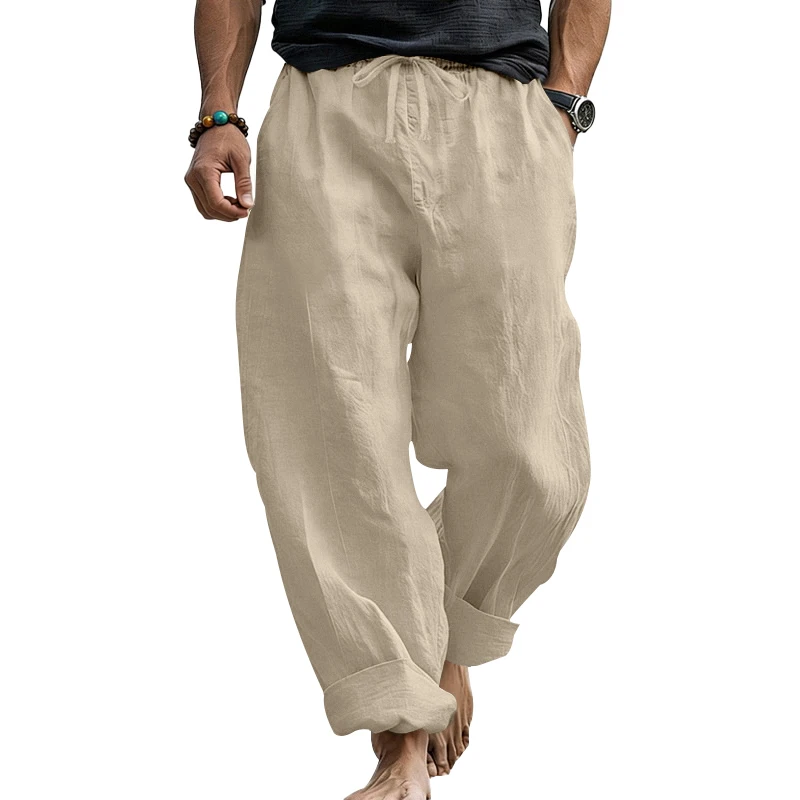 Sommerliche Herren-Leinenhose, Lässige Hawaiian-Hose mit Elastischem Kordelzug, Atmungsaktive Gerade Lange Hose mit Taschen für Alltag und Zuhause – Detail 23