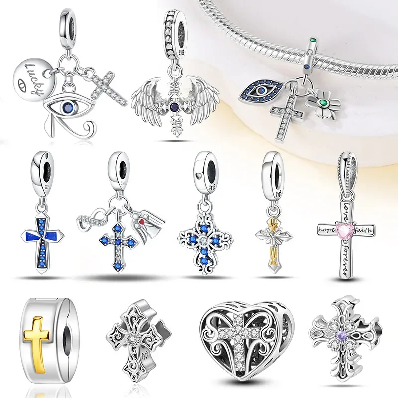 Silver 925 Charms Religion Heart Lucky Eye Cross Beads Fit Original Bracelet Making Pendant for Women DIY Fine Jewelry Gift