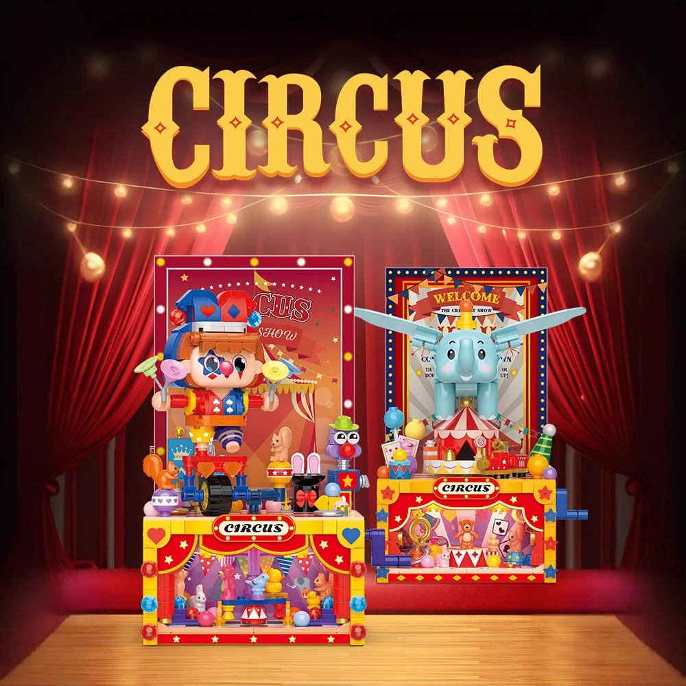 Idea Circus Stage Mini Block Cartoon Elephant Clown Construction Building Bricks Figures Educational Toys With Light For Gifts