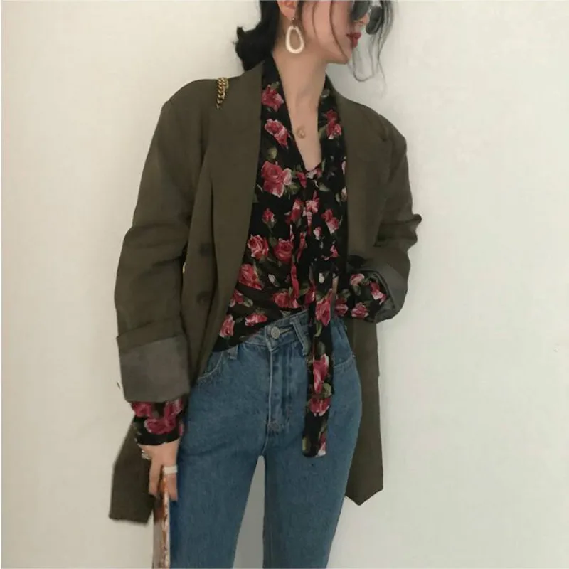 Blouses Women Retro Floral Chic Spring Fall Fashion Korean Ladies Blusas Mujer Lace-up Design Soft Female Long Sleeve Top Ins