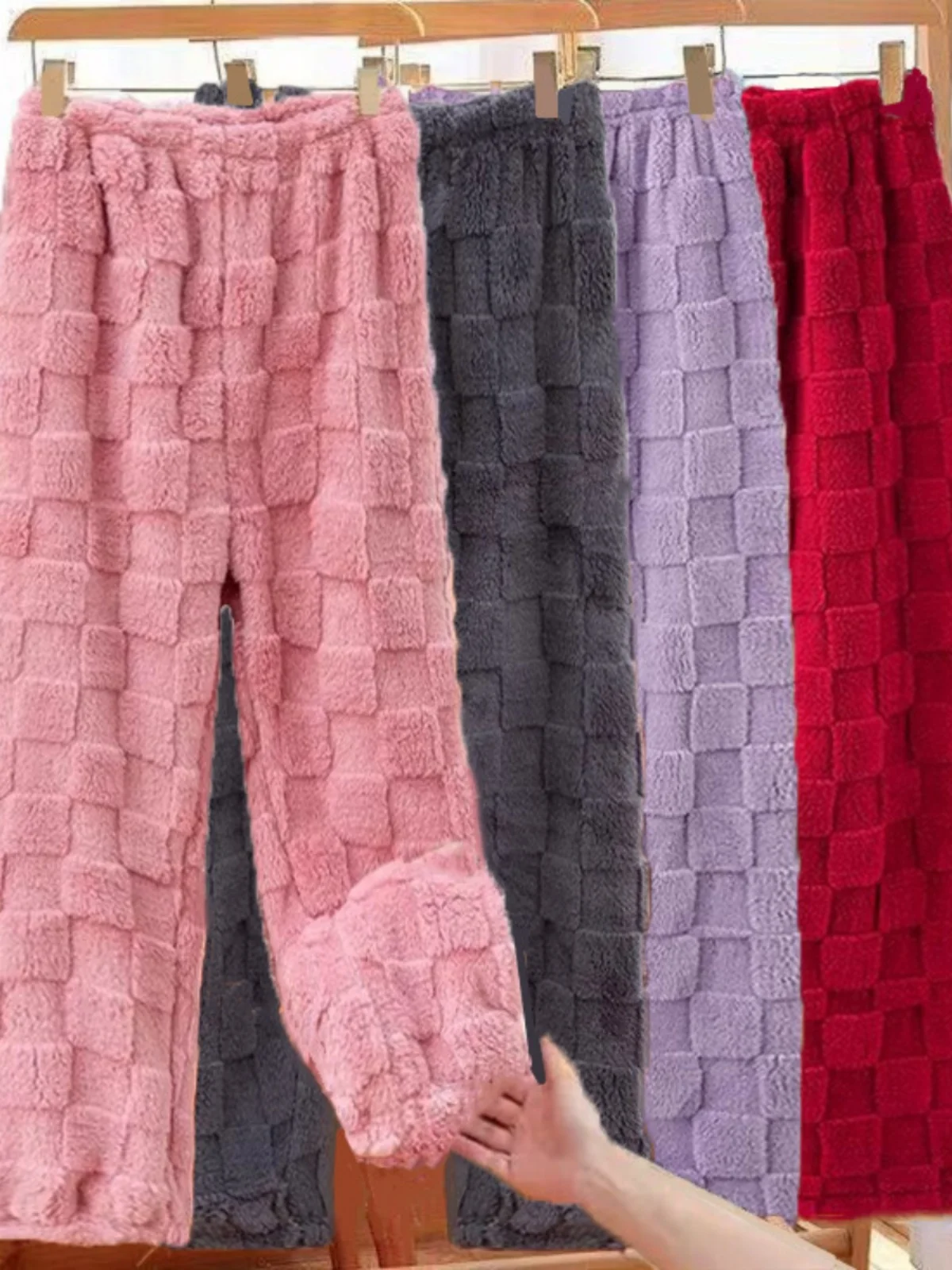 

Зимние теплые брюки в клетку 2024, коралловые брюки, прямые брюки, домашняя одежда, удобные эластичные брюки с высокой талией