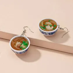 Chinese Style Mini Simulation Porcelain Bowl Prawn Noodles Women's Earrings Food Model Accessories Jewelry Gourmet Hook Earrings