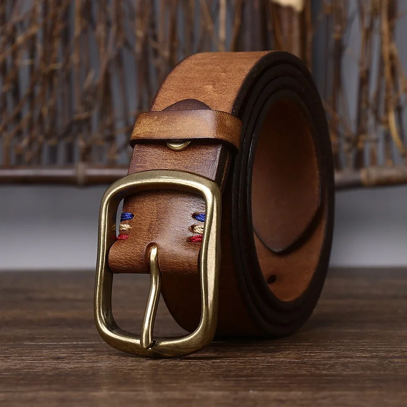 3.8CM wide thickened top layer pure cowhide copper buckle genuine leather belt men's retro versatile jeans belt