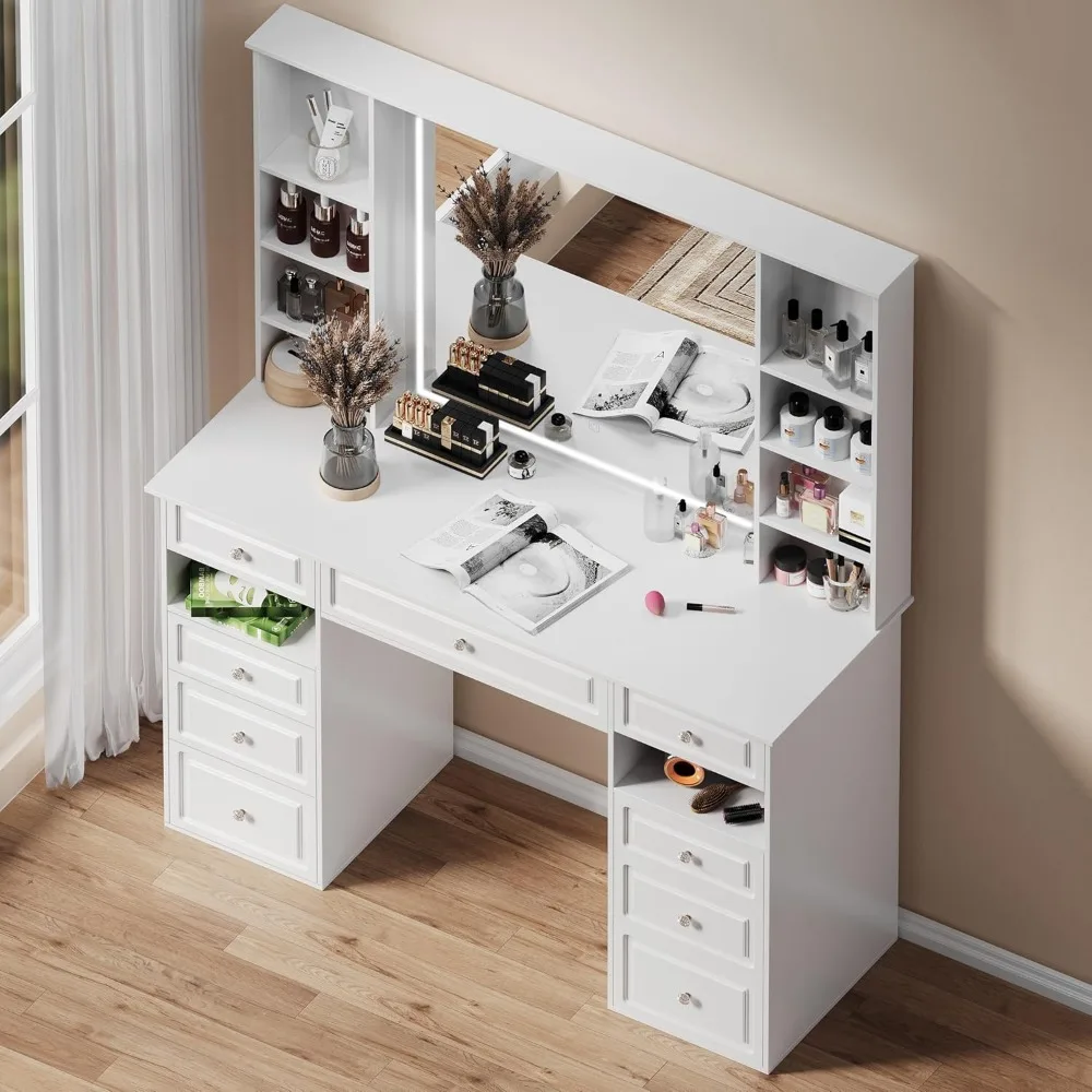 Mesa de maquiagem grande de 47 polegadas com espelho e iluminação com brilho ajustável, com 9 gavetas e 10 prateleiras abertas