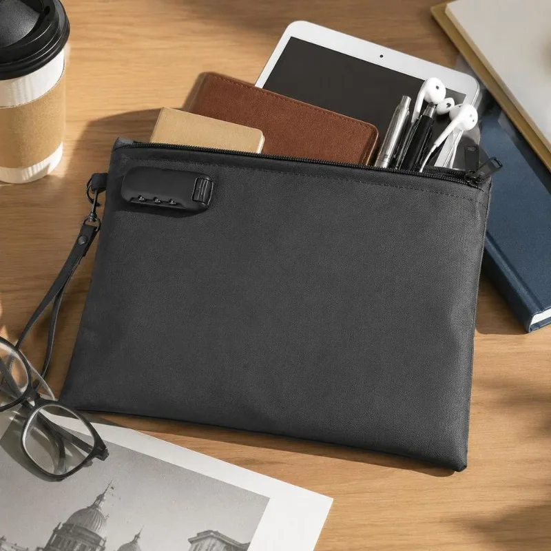 Porte-documents ignifuge 245 x 360 x 16 mm, couleur noire, en tissu softshell anti-poussière avec serrure à combinaison et deux compartiments, design portable pour passeports et documents importants dans un espace de stockage dissimulé.