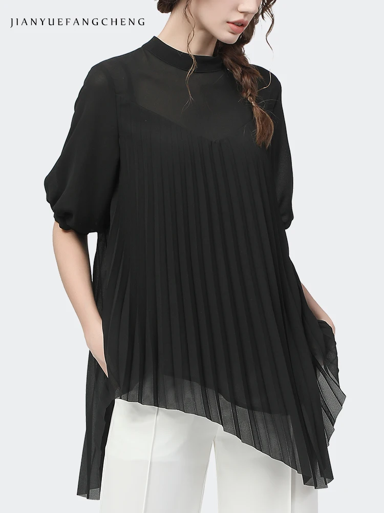 2023 Summer Chiffon Blouse Mid-length Black Lantern Sleeve Crew-neck Loose Plus Size Women\' Top With Belt Pleated Tops Shirts