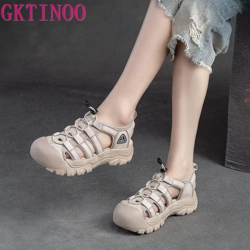 GKTINOO 2024 New Women Sandals Platform leather Ladies Sandals Comfortable Flat Sandals Open Toe Beach Shoes Woman Footwear