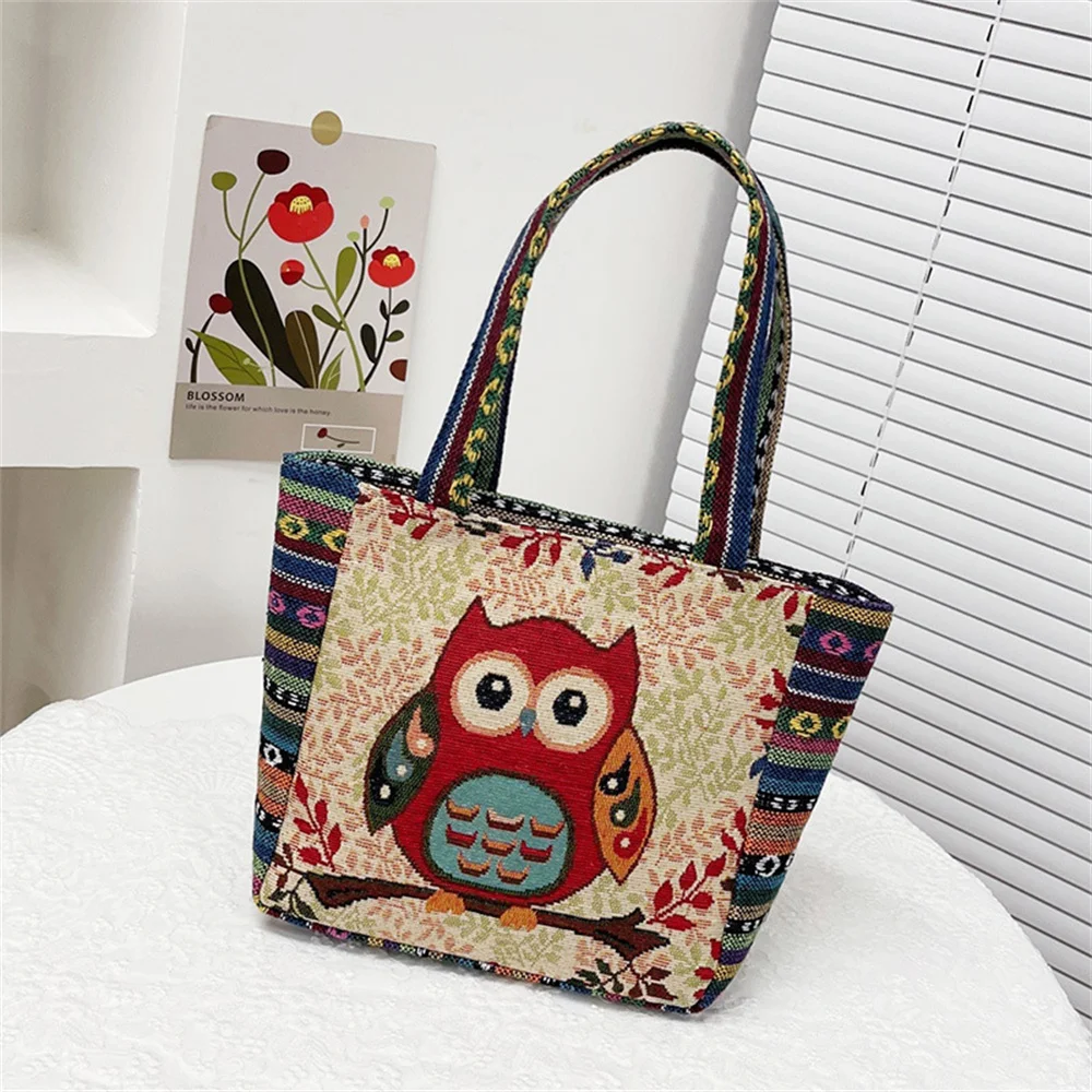 Fashion Women Embroidered Women Tote Bag Retro Owl Elephant Handbags Lady Large Capacity Reusable Shopping Bag Shoulder Bag 2024