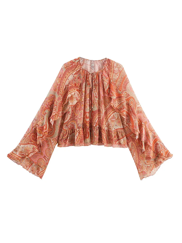 

Европейский и американский стиль, осенняя новая модная тенденция, женский свободный топ с круглым вырезом и рукавами-трубой с принтом и рюшами