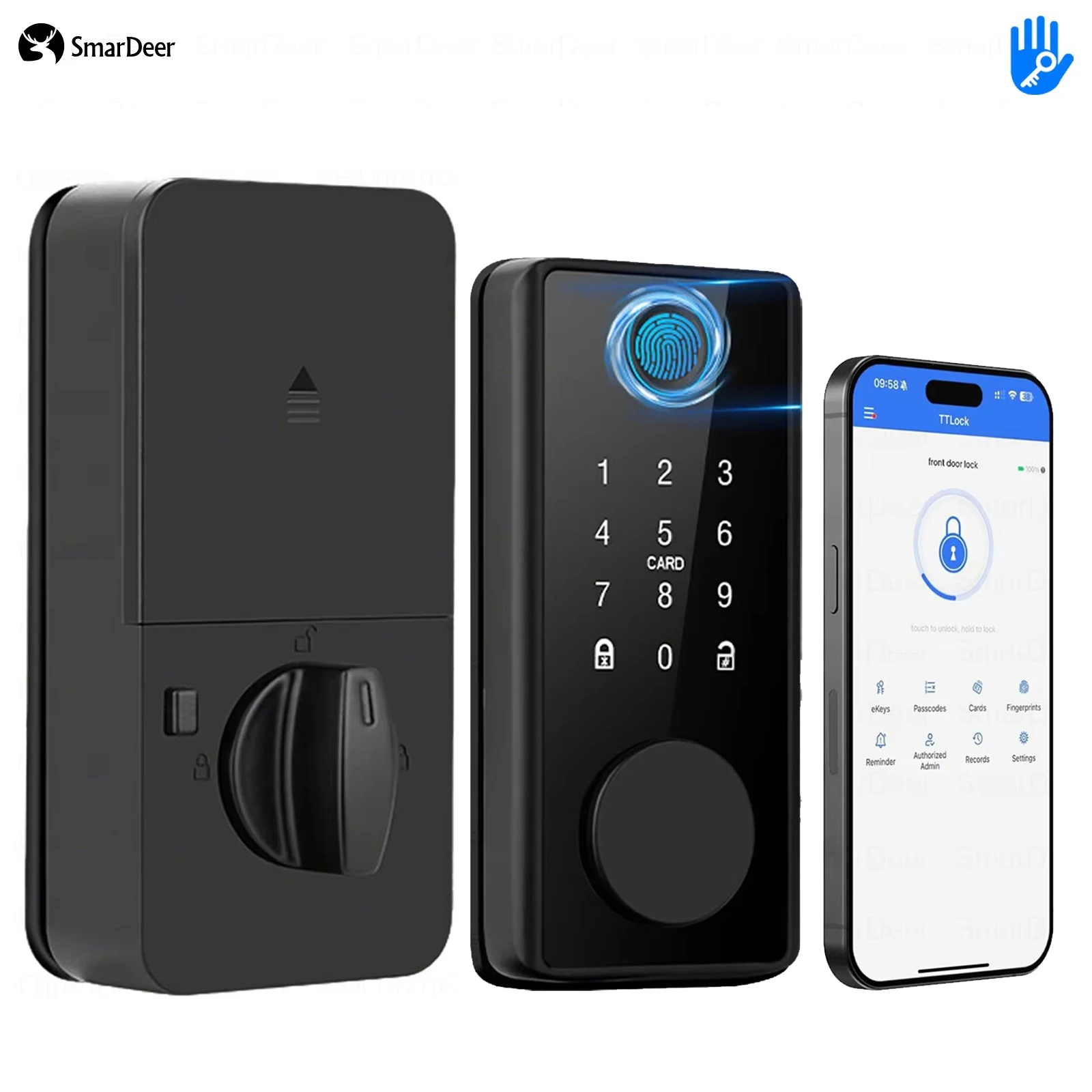 

Умный замок SmarDeer - электронный дверной замок с цифровой панелью, функцией распознавания отпечатков пальцев и технологией TTLock для бесключевого доступа.