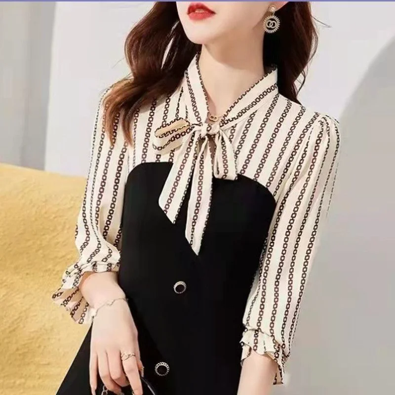 

Black Patchwork Waist Slimming Dress Autumn New Fashion Mature Fake Two-piece Dress for Women