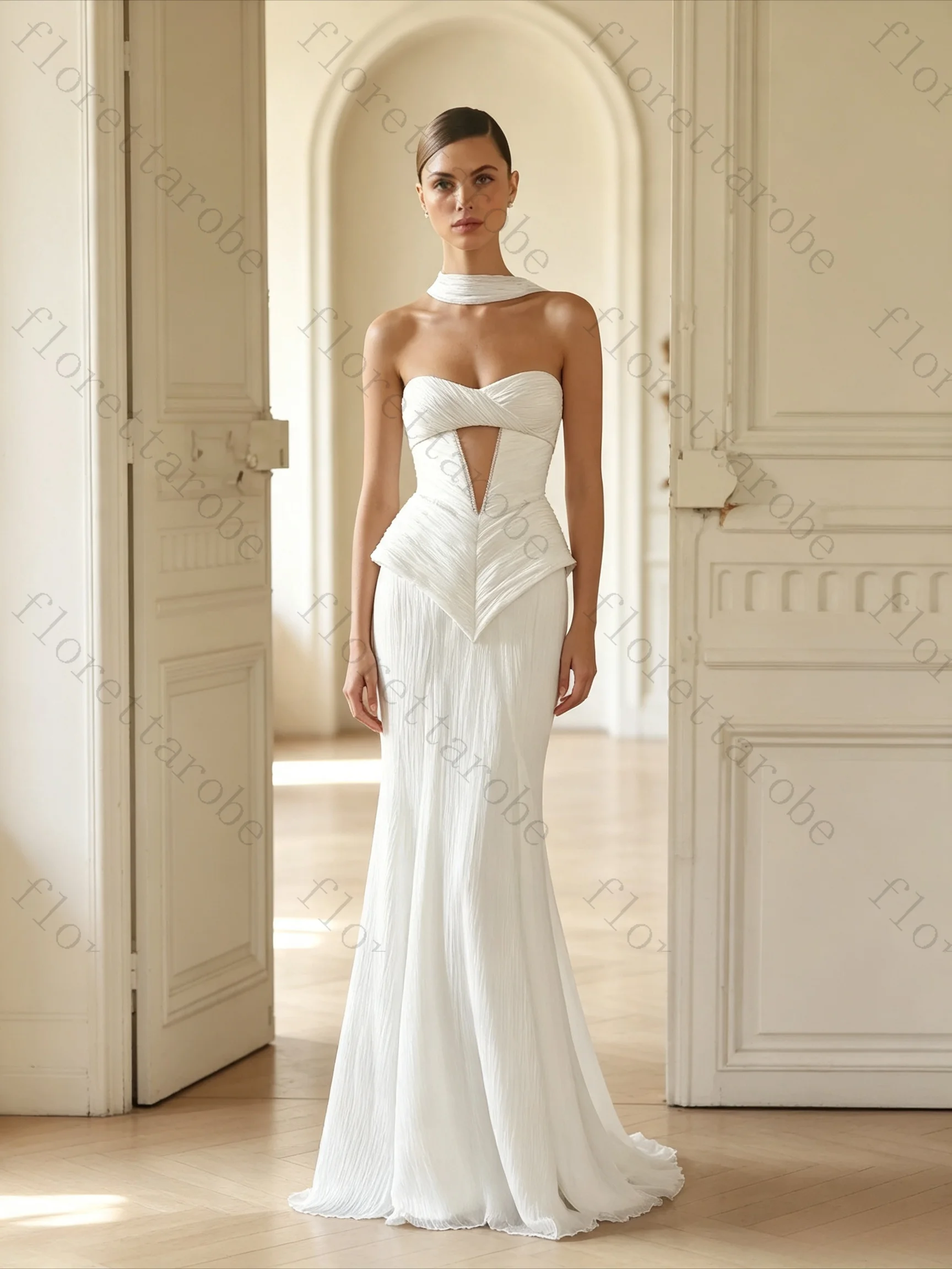 Customized Fashion Strapless Pleat Mermaid Wedding Dresses Scarf Crystals Sleeveless Floor Length Open Back Elegant Bridal Gowns
