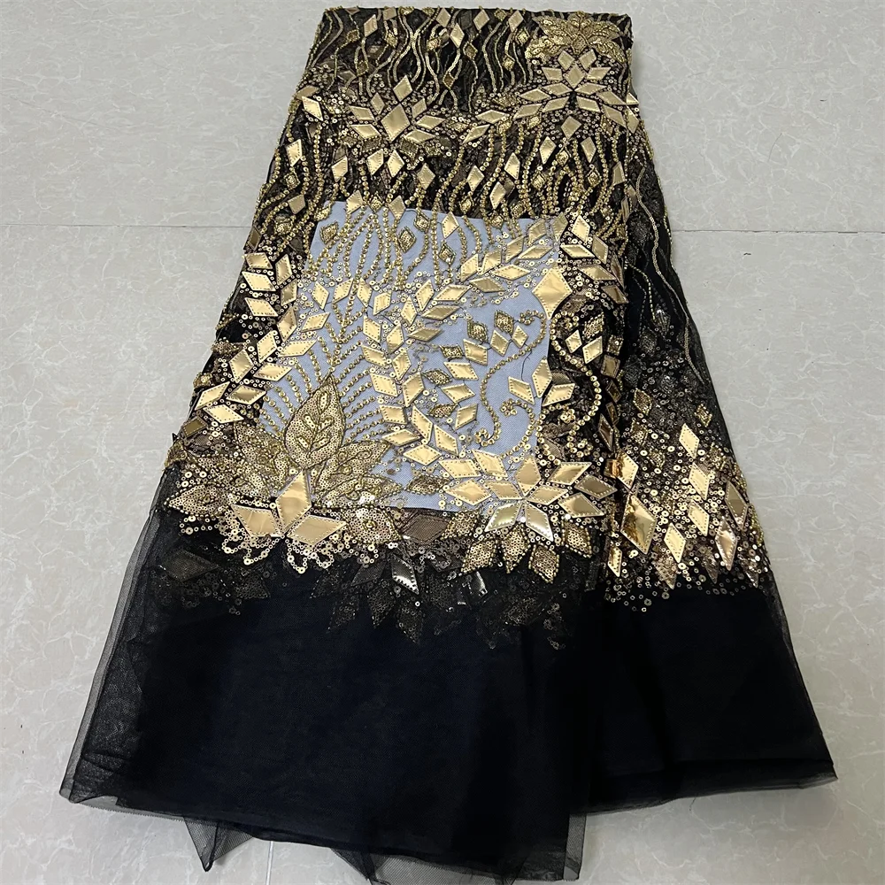 

2025 African Nigerian Sequins Embroidery Tulle Lace Fabric High Quality Beads Stone Prom Dresses Sewing Guipure 5 Yards jy137