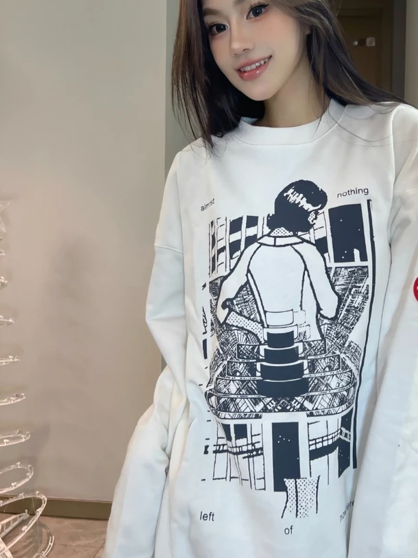 

Мужской свитшот CAVEMPT с круглым вырезом, свободного кроя, из хлопка, осенне-зимний, с мультяшным принтом, удобный, универсальный, без капюшона