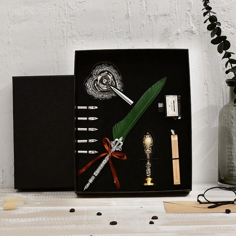 Caligrafia Quill Pen com Wax Seal Sticks para Iniciantes, Feather Dip Pen, Writing Ink Set, Gift Box