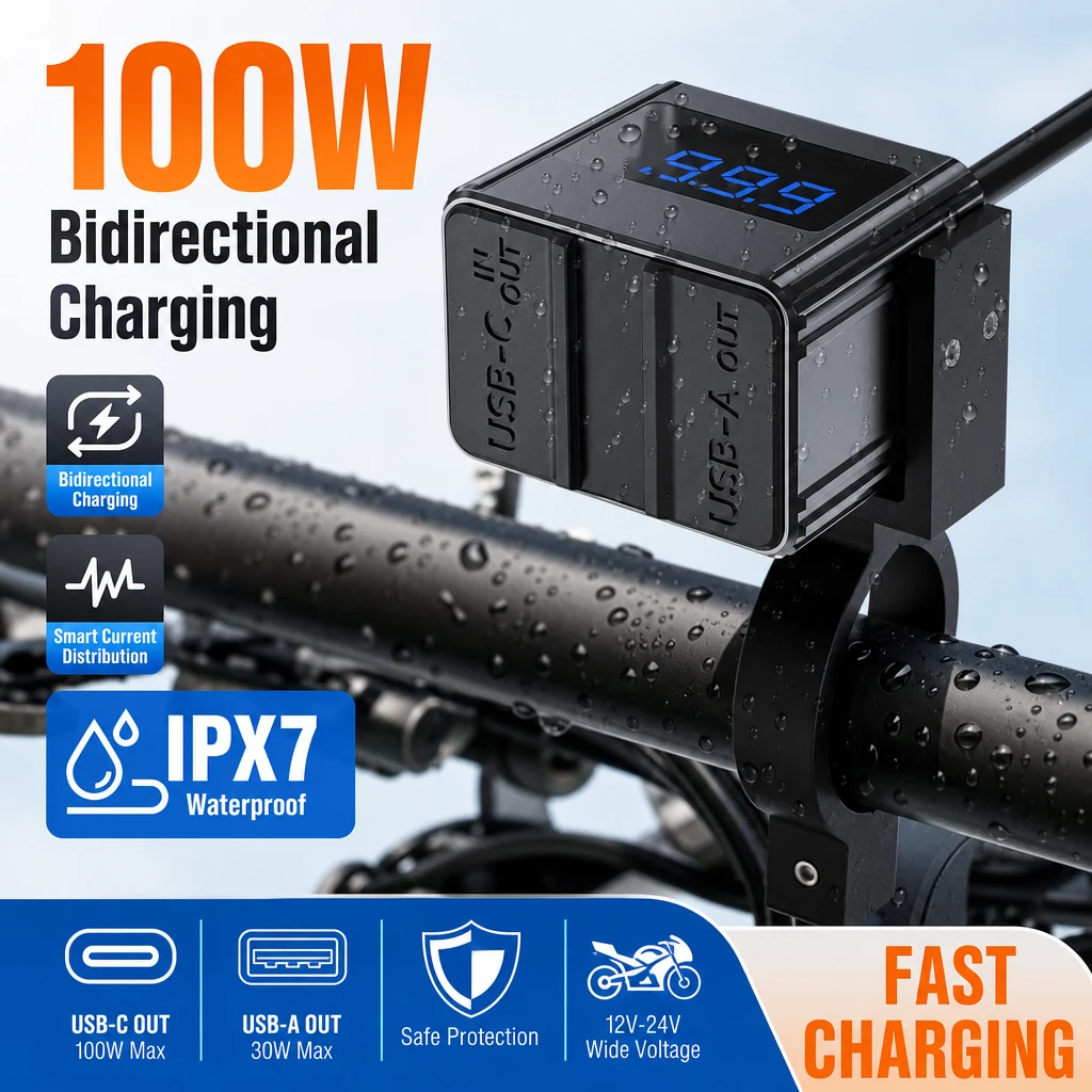 100W Motorcycle Bidirectional Charger Type-C USB-A Fast Charging Dual Ports Socket with Voltmeter 12V Power Supply Adapter