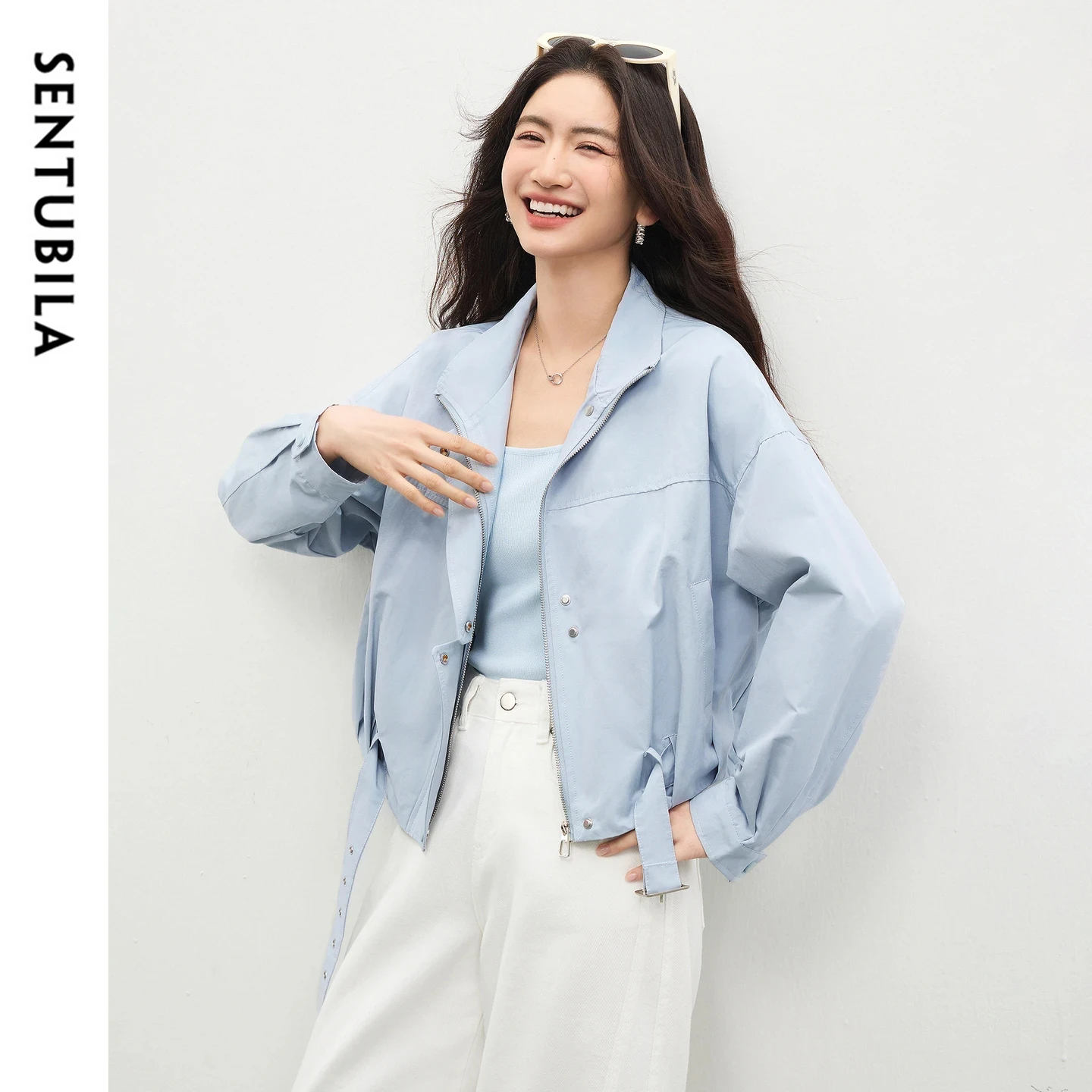 

SENTUBILA windproof jacket for women 2026 spring cotton blend adjust belt stand up neck trench coat commute loose coat W61WB6314
