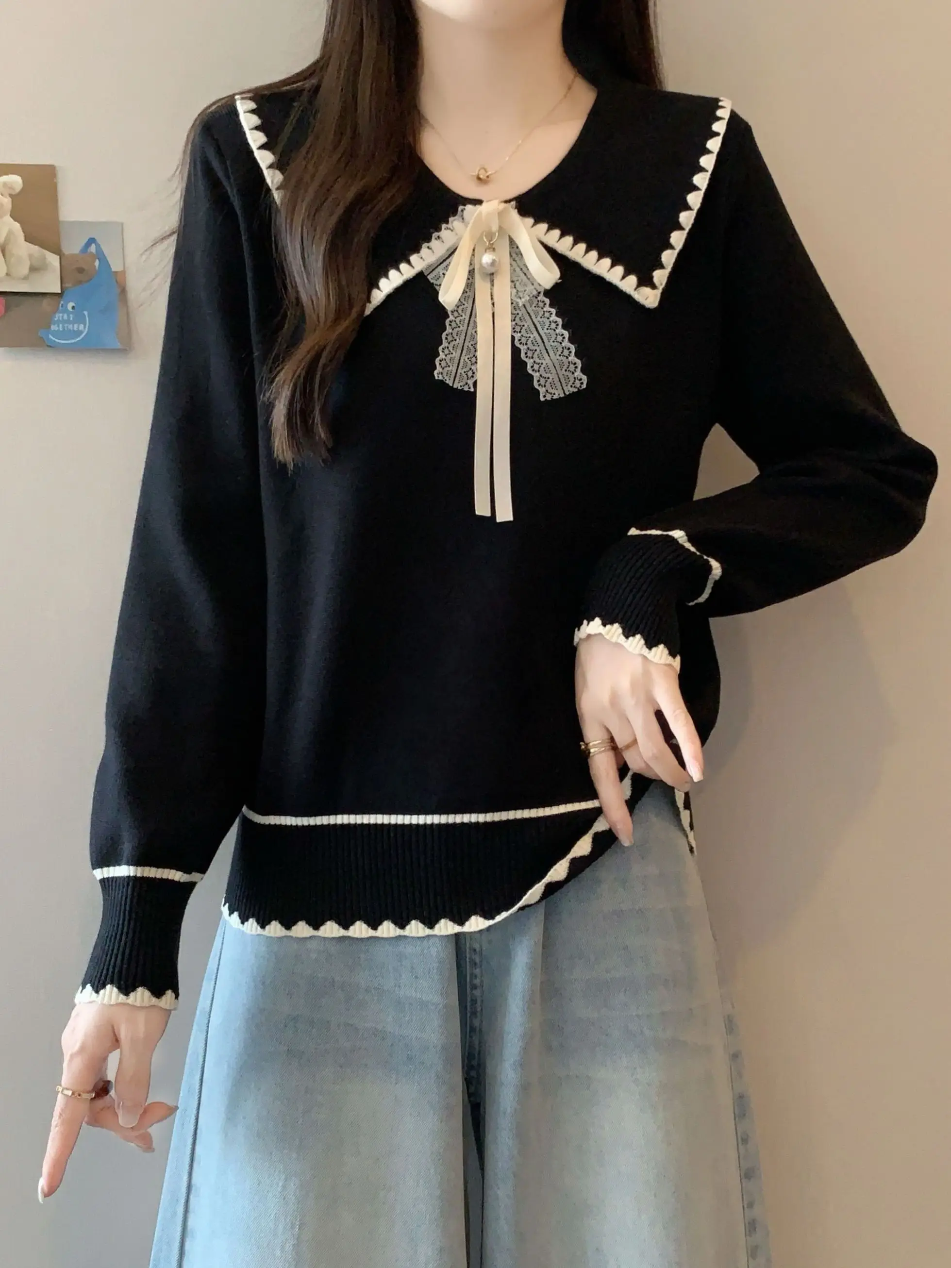 Женский вязаный свитер с воротником-бабочкой Long Sve Inner Wear Утягивающий мягкий топ Small Fraance Sle Top на осень