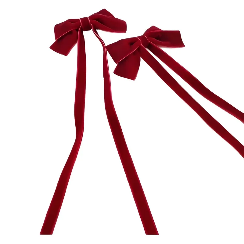 2 Stück Samt-Haarspangen mit Schleife und langen Bändern, modischer Haarschmuck in Rot und Schwarz, niedliche, elegante, vielseitige Haarschleifen für Mädchen – Detail 5
