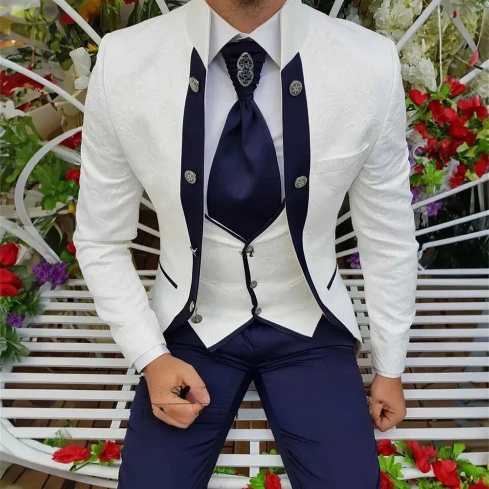 

Elegant Jacquard Men Suits 3 Piece High-end Stand Collar Formal Male Suit Slim Fit Wedding Groom Tuxedo (Blazer+Vest+Pants)