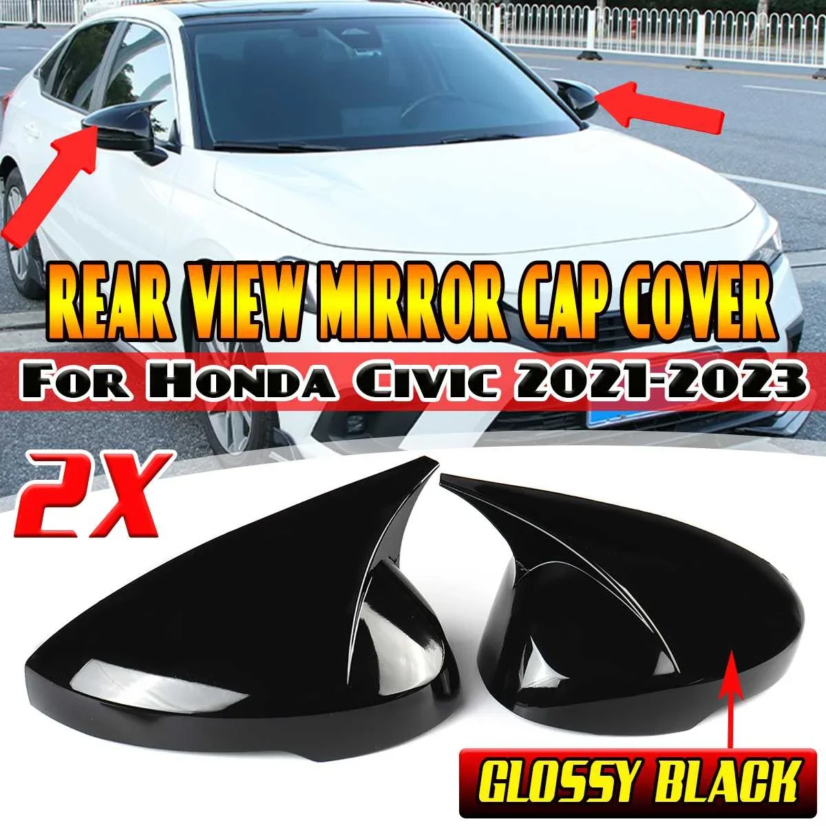 2xCar Rear View Mirror Cover Cap Gloss Black For Honda Car Side Rearview Mirror Cover Mirror Shell Case For Civic 11th Gen 21-23
