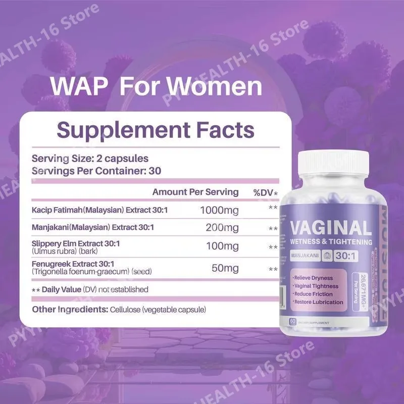Vaginal Wetness & Tightening Capsules with Kacip Fatimah Manjakani Slippery Elm Fenugreek Plant Based Formula 60 Capsules