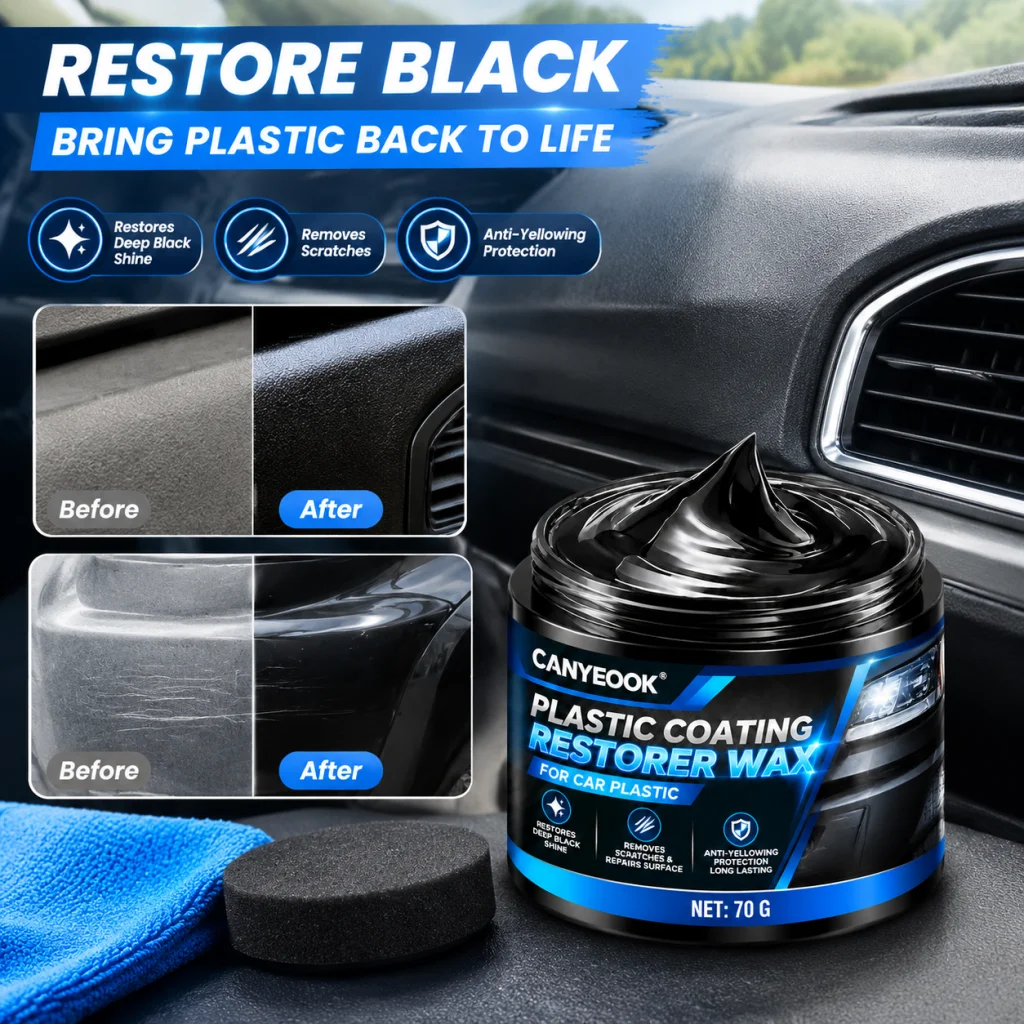 CANYEOOK Plastic Coating Restorer Wax 70g, Restore Black Shine, Fix Scratches on Trim Bumpers, Anti-Yellowing Protection for Car